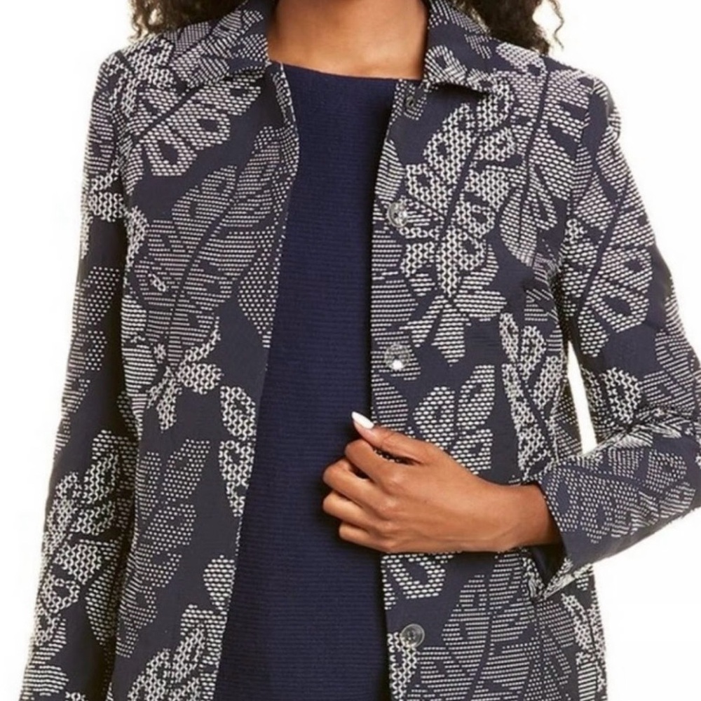 J McLaughlin Navy Blue White Hester Raffia Palm Leaf Women Jacket Size XS
